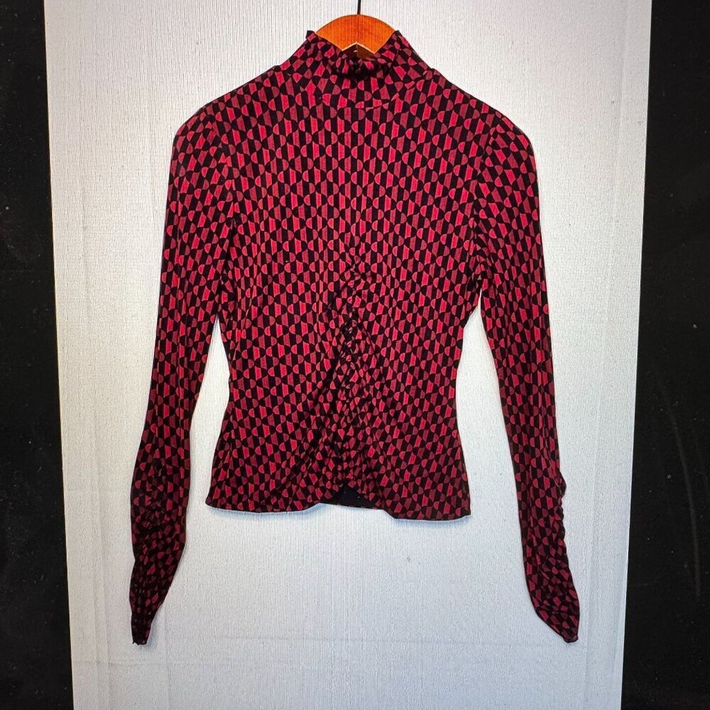 Vintage 90s INC Black Red Mod Print Lined Sheer Long Sleeve Top Medium ‎ Petite